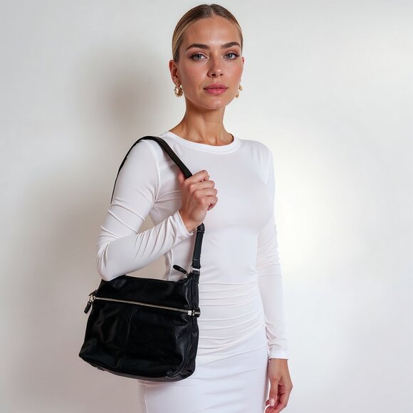 Rudsak Black Leather Shoulder Bag – Women's Medium Crossbody Satchel with Zip De - Picture 13 of 13